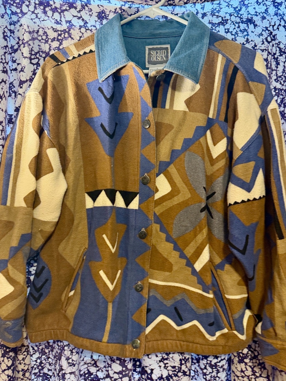 Sigrid Olsen Geometric Vintage Cotton Bomber Jacket in Brown, Blue & Cream